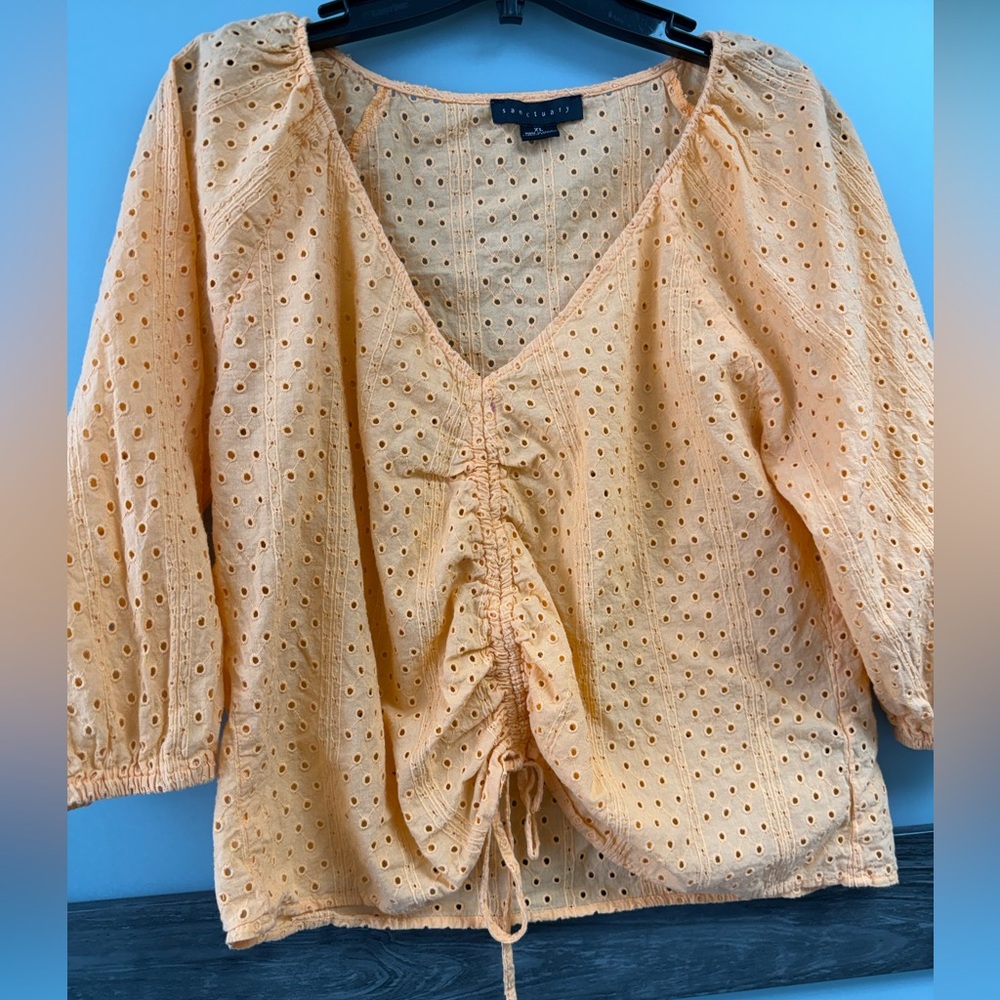 Sanctuary Orange Eyelet V-Neck Drawstring Blouse - Picture 5 of 6